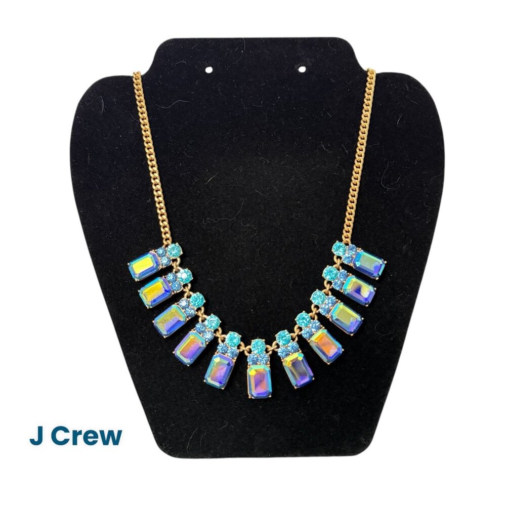 J Crew Statement Necklace Iridescent Blue Turquoise Crystal Stones Gold Adjustab